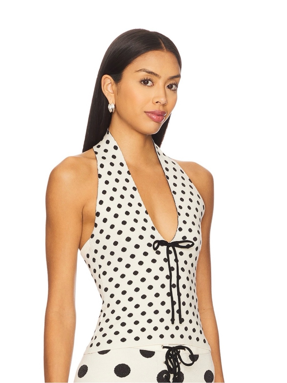 With Jean White and Black Polka Dot Halter One-Piece Swimsuit